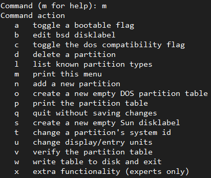 Operaciones disponibles para crear particiones con fdisk
