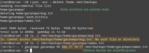 En el post anterior hablamos acerca de la importancia de disponer de copias de respaldo de nuestros datos, y sobre cómo realizar backups con rsync. En esta oportunidad consideraremos otros ejemplos útiles que nos servirán de ayuda en esta tarea tan importante. La sincronización en los backups con rsync Si bien el ejemplo inicial que vimos en Copias de respaldo: la importancia de tener backups sirvió para introducir el uso de esta herramienta, hay cuestiones importantes a considerar para los backups sucesivos: Si un archivo se modifica en la fuente, el cambio debe verse reflejado en el destino. Si un archivo se borra en la fuenta, el cambio debe verse reflejado en el destino. Por defecto, rsync no borrará archivos en el destino a menos que le indiquemos específicamente que así lo haga mediante la opción --delete. Por el margen de error que puede existir al realizar dicha operación, es conveniente realizar una simulación de los cambios que se efectuarían ANTES de proceder con la copia propiamente dicha. Para llevar a cabo esta tarea contamos con la opción --dry-run. Para ejemplificar los dos escenarios mencionados anteriormente, 1) modificaremos el archivo /home/gacanepa/names.txt (recordemos que el directorio /home era la fuente, o directorio, que deseamos respaldar agregándole una línea con contenido aleatorio: echo "Aprendiendo a hacer backups con rsync" >> /home/gacanepa/names.txt y 2) borraremos el archivo /home/gacanepa/msg.txt: rm /home/gacanepa/msg.txt En la Fig. 1 podemos ver el resultado de la simulación del backup luego de haber efectuado los dos cambios mencionados anteriormente: rsync -avz --delete --dry-run /home /mnt/backups  Figura 1 - Simulación de backups con rsync Como podemos ver en la imagen anterior, el archivo que fue borrado en la fuente no fue removido del destino, ni tampoco el archivo que fue modificado fue actualizado (como podemos constatar mediante la última fecha de modificación del mismo). Ahora realicemos la misma operación pero quitando la opción --dry-run y observemos qué sucede: rsync -avz --delete /home /mnt/backups Como podemos ver, el archivo /mnt/backups/home/gacanepa/msg.txt fue eliminado, mientras que la fecha de última actualización de /mnt/backups/home/gacanepa/names.txt refleja el momento en que fue realizado el cambio hace unos instantes. Espero que este post les haya resultado de utilidad. ¡Nos leemos en breve!