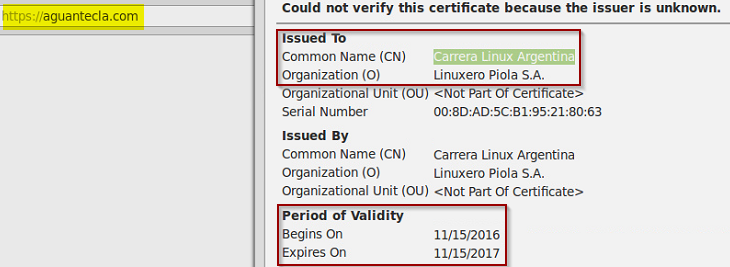Resultado de crear un certificado digital autofirmado y usarlo junto con Apache