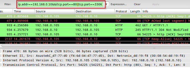 Analizar tráfico de red con Wireshark: combinación de dirección IP y dos puertos diferentes