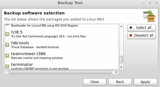 Hacer backups en Linux Mint: selección de aplicaciones instaladas
