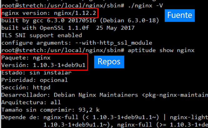 Verificar la versión de nginx luego de instalar desde código fuente